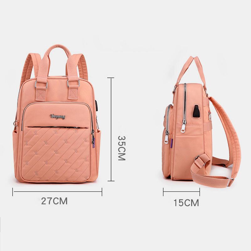 Femmes Nylon Lettre Broderie Motif Usb Charge Grande Capacité Sac À Dos Ordinateur Sac