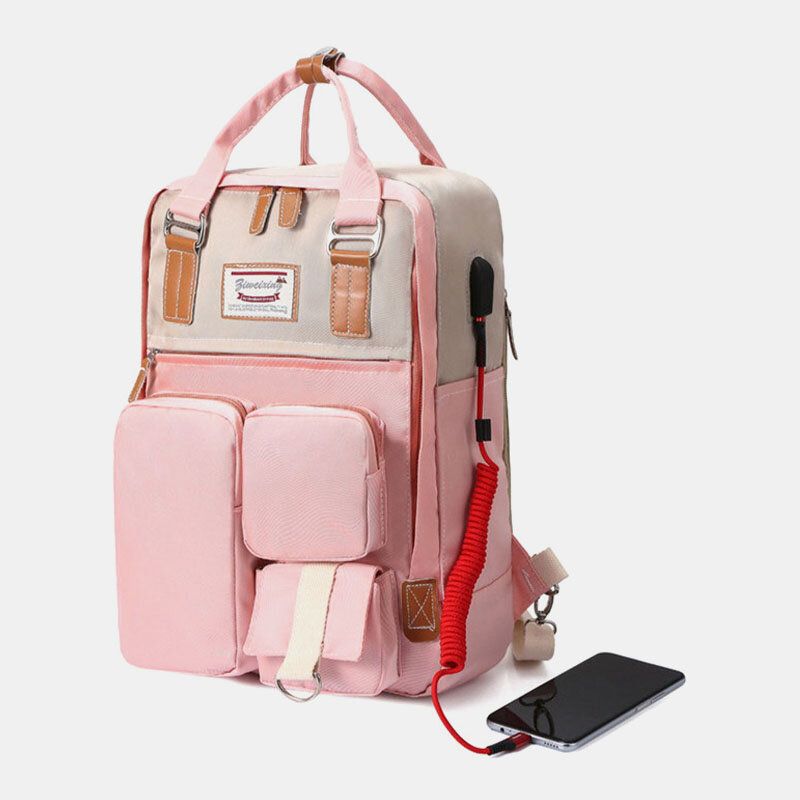 Femmes Nylon Usb Charge Multi-poches Grande Capacité Sac À Dos Casual Simple Étanche 14 Pouces Sac Pour Ordinateur Portable