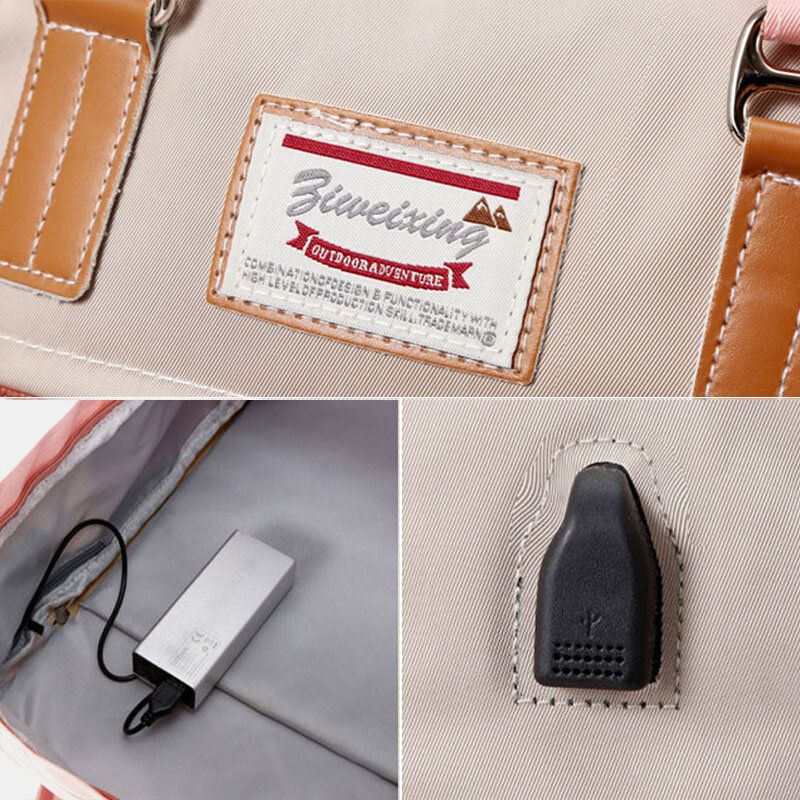 Femmes Nylon Usb Charge Multi-poches Grande Capacité Sac À Dos Casual Simple Étanche 14 Pouces Sac Pour Ordinateur Portable