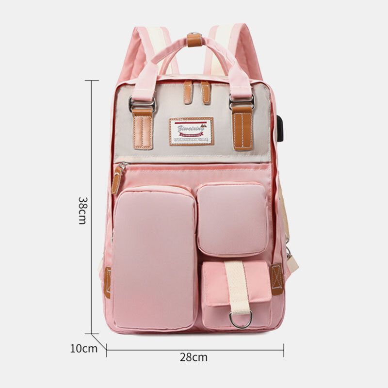 Femmes Nylon Usb Charge Multi-poches Grande Capacité Sac À Dos Casual Simple Étanche 14 Pouces Sac Pour Ordinateur Portable