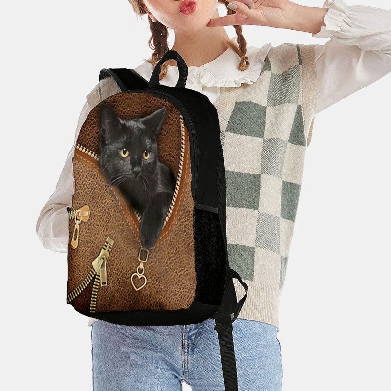 Femmes Oxford Patchwork Grande Capacité Dessin Animé Chat Fermeture Éclair Motif Impression Sac À Dos