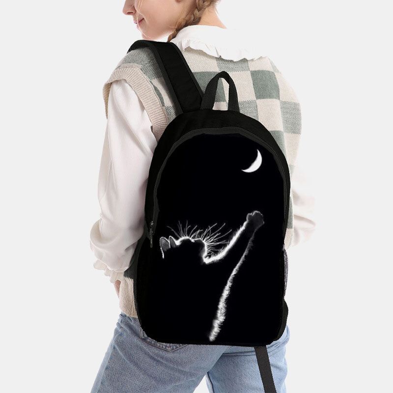 Femmes Oxford Tissu Décontracté Mignon Chat Noir Vue Arrière Et Lune Impression Sac D'école Sac À Dos