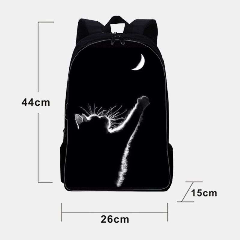 Femmes Oxford Tissu Décontracté Mignon Chat Noir Vue Arrière Et Lune Impression Sac D'école Sac À Dos