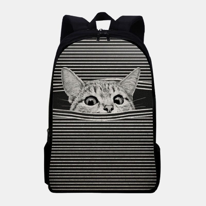 Femmes Oxford Tissu Grande Capacité Dessin Animé Chat Rayure Motif Impression Sac À Dos