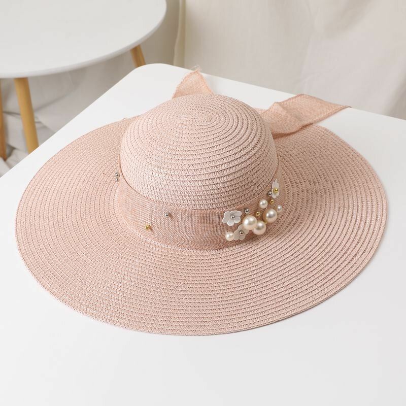 Femmes Paille Couleur Unie Élégant Grand Bord Perle Nœud Papillon Bord Ondulé Visière Chapeau De Soleil Chapeau De Plage Chapeau Seau