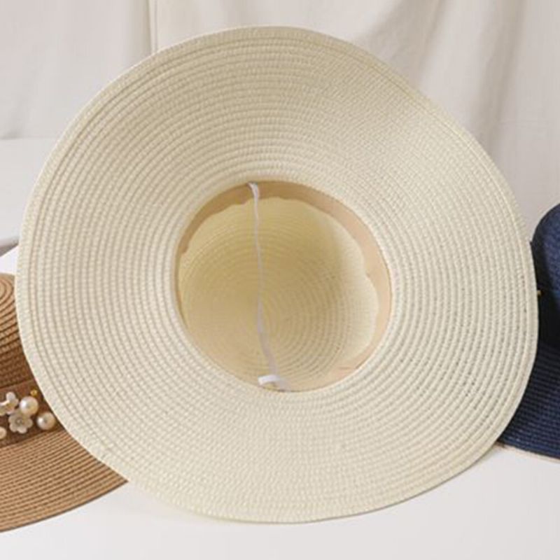 Femmes Paille Couleur Unie Élégant Grand Bord Perle Nœud Papillon Bord Ondulé Visière Chapeau De Soleil Chapeau De Plage Chapeau Seau