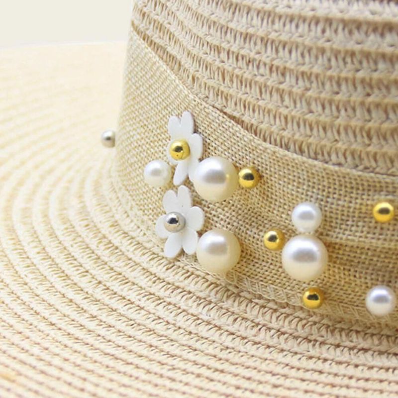 Femmes Paille Couleur Unie Élégant Grand Bord Perle Nœud Papillon Bord Ondulé Visière Chapeau De Soleil Chapeau De Plage Chapeau Seau