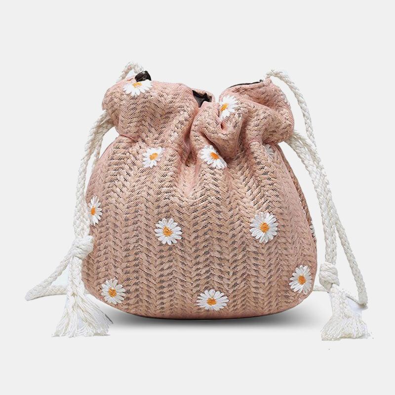 Femmes Paille Daisy Tournesol Motif Imprimer Casual Chaîne Dentelle Sac Plage Sac Seau Sac Bandoulière Sac À Main