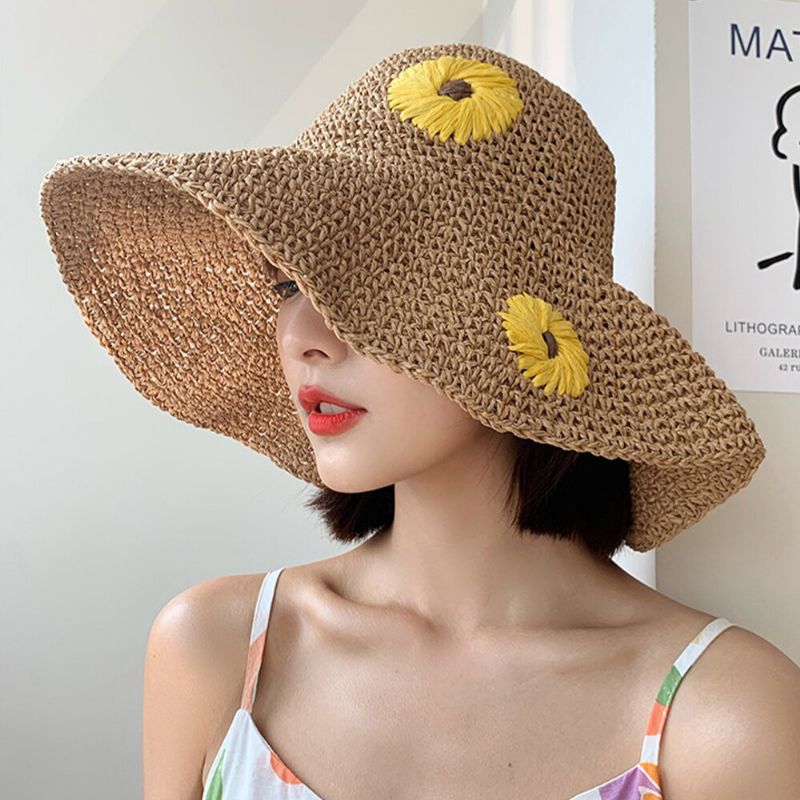 Femmes Paille Florale Couleur Unie Élégant Tournesol Grand Bord Visière Protection Solaire Chapeau Plage Chapeau Seau Chapeau