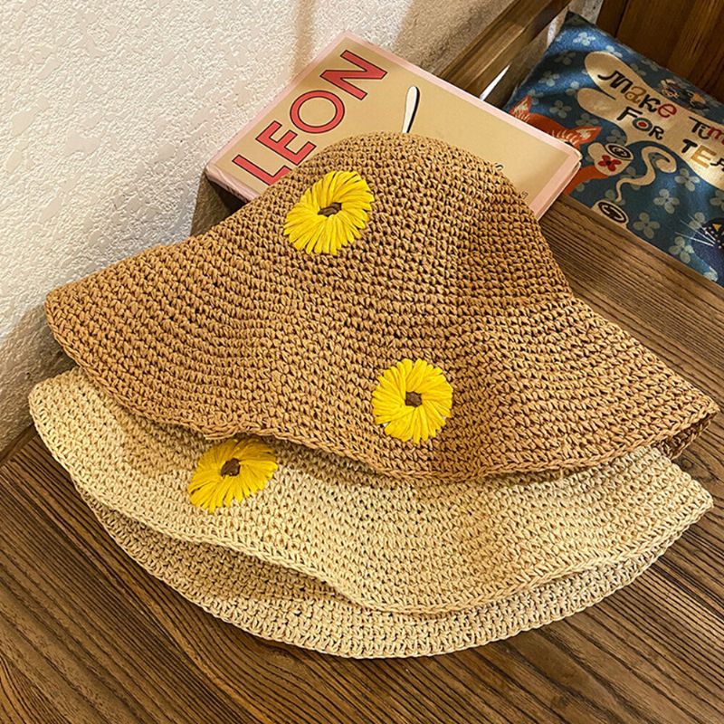 Femmes Paille Florale Couleur Unie Élégant Tournesol Grand Bord Visière Protection Solaire Chapeau Plage Chapeau Seau Chapeau