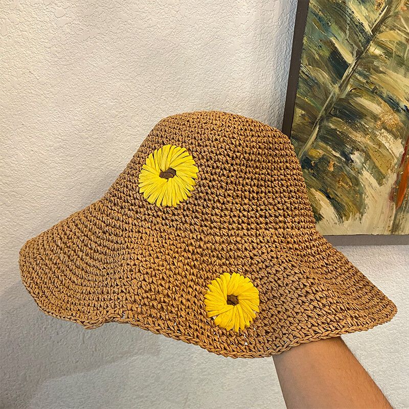 Femmes Paille Florale Couleur Unie Élégant Tournesol Grand Bord Visière Protection Solaire Chapeau Plage Chapeau Seau Chapeau