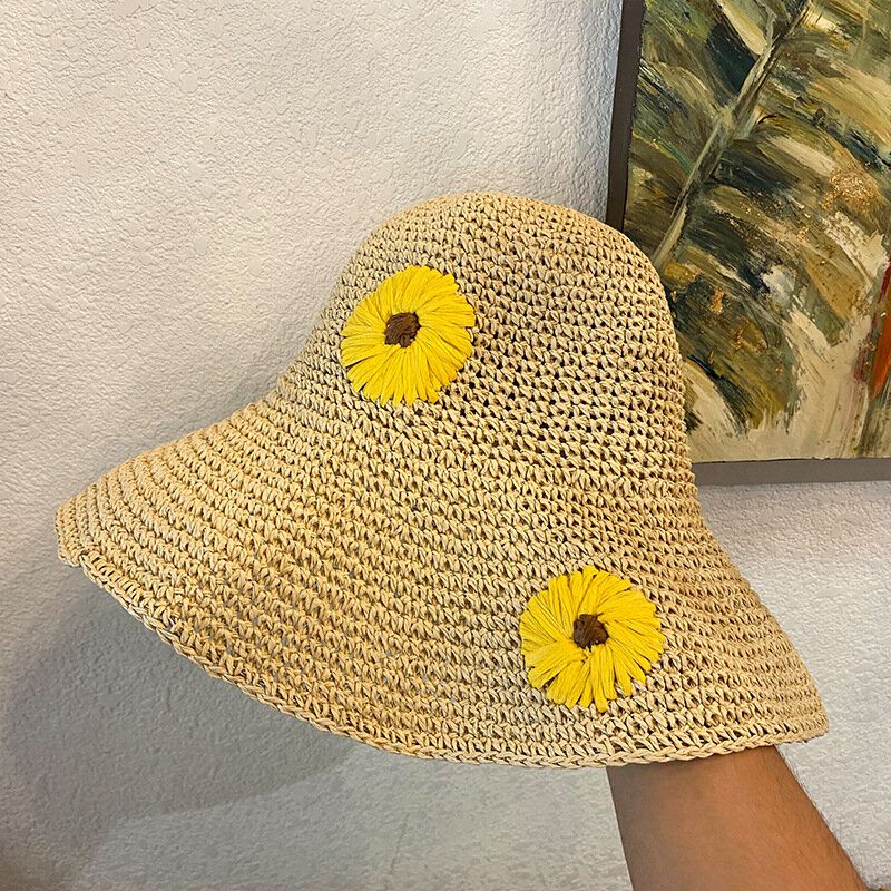 Femmes Paille Florale Couleur Unie Élégant Tournesol Grand Bord Visière Protection Solaire Chapeau Plage Chapeau Seau Chapeau