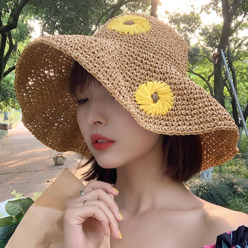 Femmes Paille Florale Couleur Unie Élégant Tournesol Grand Bord Visière Protection Solaire Chapeau Plage Chapeau Seau Chapeau