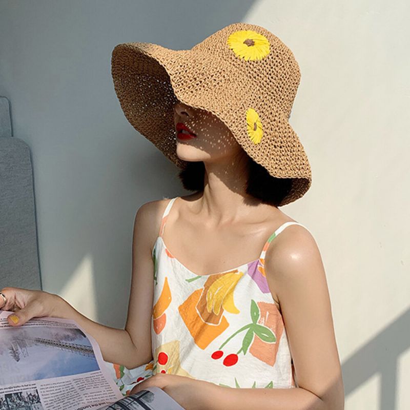 Femmes Paille Florale Couleur Unie Élégant Tournesol Grand Bord Visière Protection Solaire Chapeau Plage Chapeau Seau Chapeau