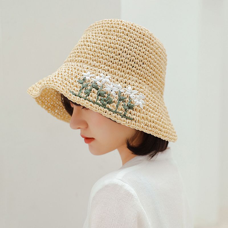 Femmes Paille Loisirs Vacances Polyvalent Respirant Ombre Tissé À La Main Crochet Chapeau De Paille Tour Plage Seau Casquette