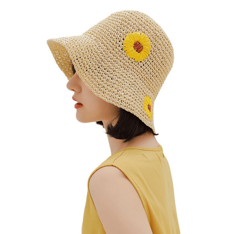 Femmes Paille Loisirs Vacances Polyvalent Respirant Ombre Tissé À La Main Crochet Chapeau De Paille Tour Plage Seau Casquette