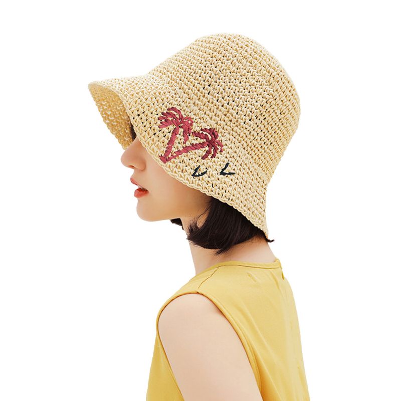 Femmes Paille Loisirs Vacances Polyvalent Respirant Ombre Tissé À La Main Crochet Chapeau De Paille Tour Plage Seau Casquette