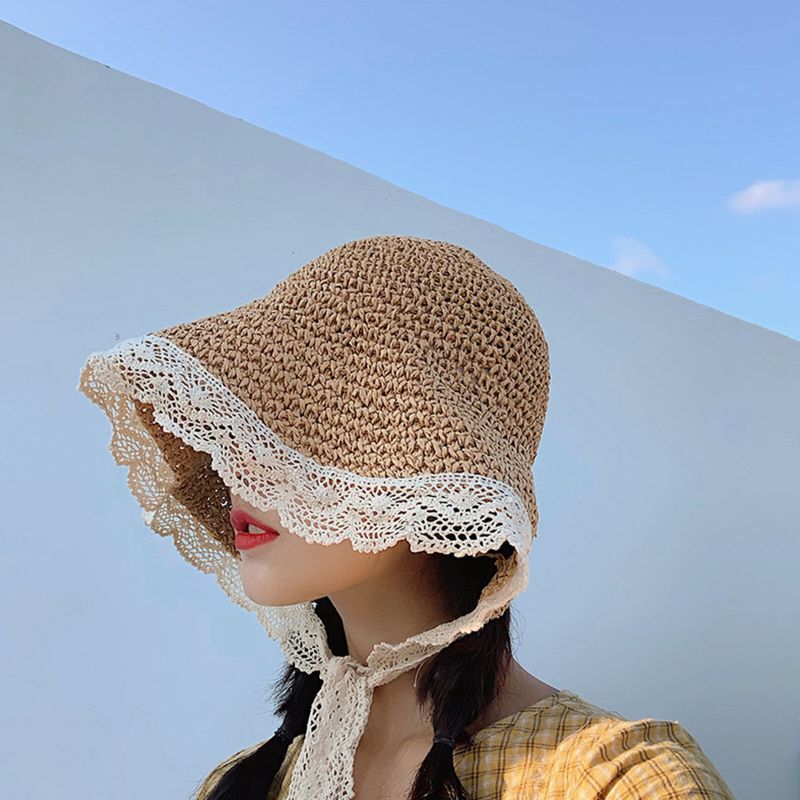 Femmes Paille Loisirs Vacances Polyvalent Respirant Ombre Tissé À La Main Dentelle Chapeau De Paille Tour Plage Seau Casquette