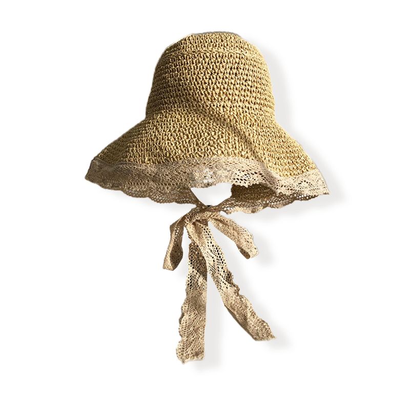 Femmes Paille Loisirs Vacances Polyvalent Respirant Ombre Tissé À La Main Dentelle Chapeau De Paille Tour Plage Seau Casquette