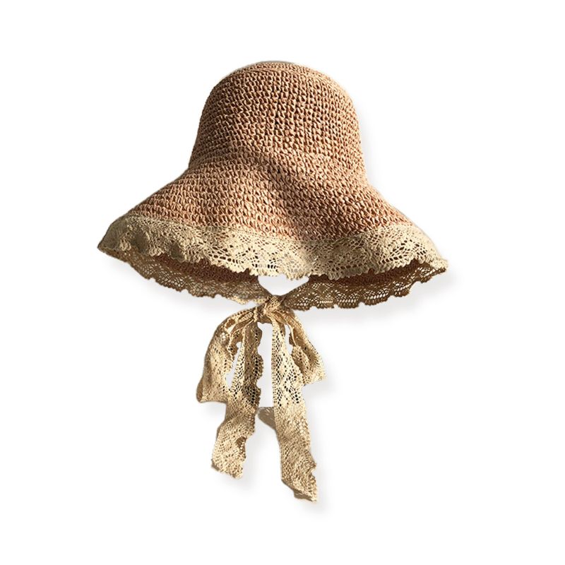 Femmes Paille Loisirs Vacances Polyvalent Respirant Ombre Tissé À La Main Dentelle Chapeau De Paille Tour Plage Seau Casquette