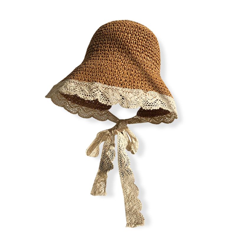 Femmes Paille Loisirs Vacances Polyvalent Respirant Ombre Tissé À La Main Dentelle Chapeau De Paille Tour Plage Seau Casquette