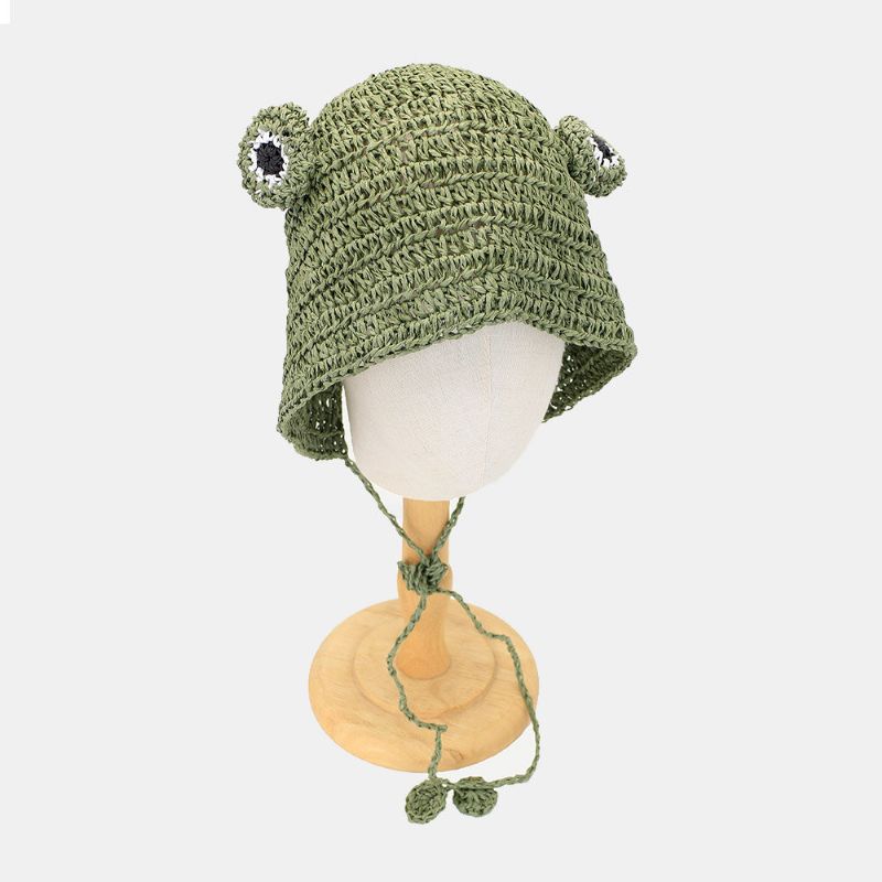 Femmes Paille Tissé Couleur Unie Grenouille Forme Mignon Mode Crème Solaire Chapeau De Paille Tricoté Chapeau