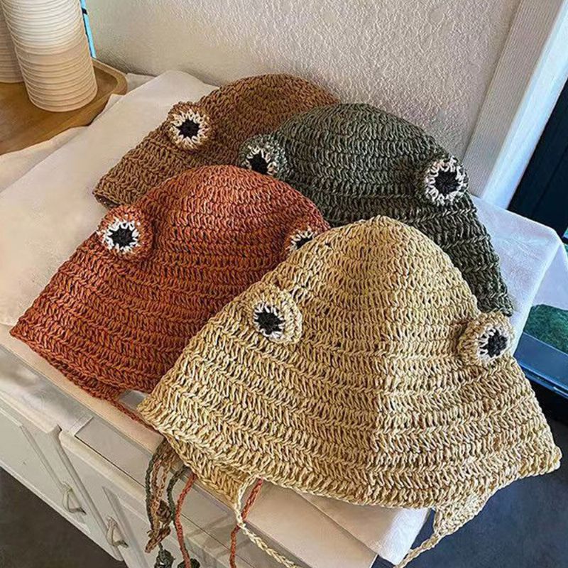 Femmes Paille Tissé Couleur Unie Grenouille Forme Mignon Mode Crème Solaire Chapeau De Paille Tricoté Chapeau