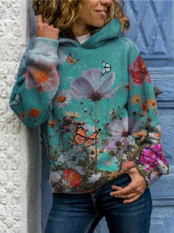 Femmes Papillon Fleur Imprimé À Manches Longues Casual Pullover Hoodies