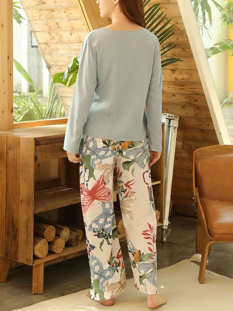 Femmes Papillon Imprimé Floral Col En V Arc Confortable Long Pyjamas Ensembles Loungewear