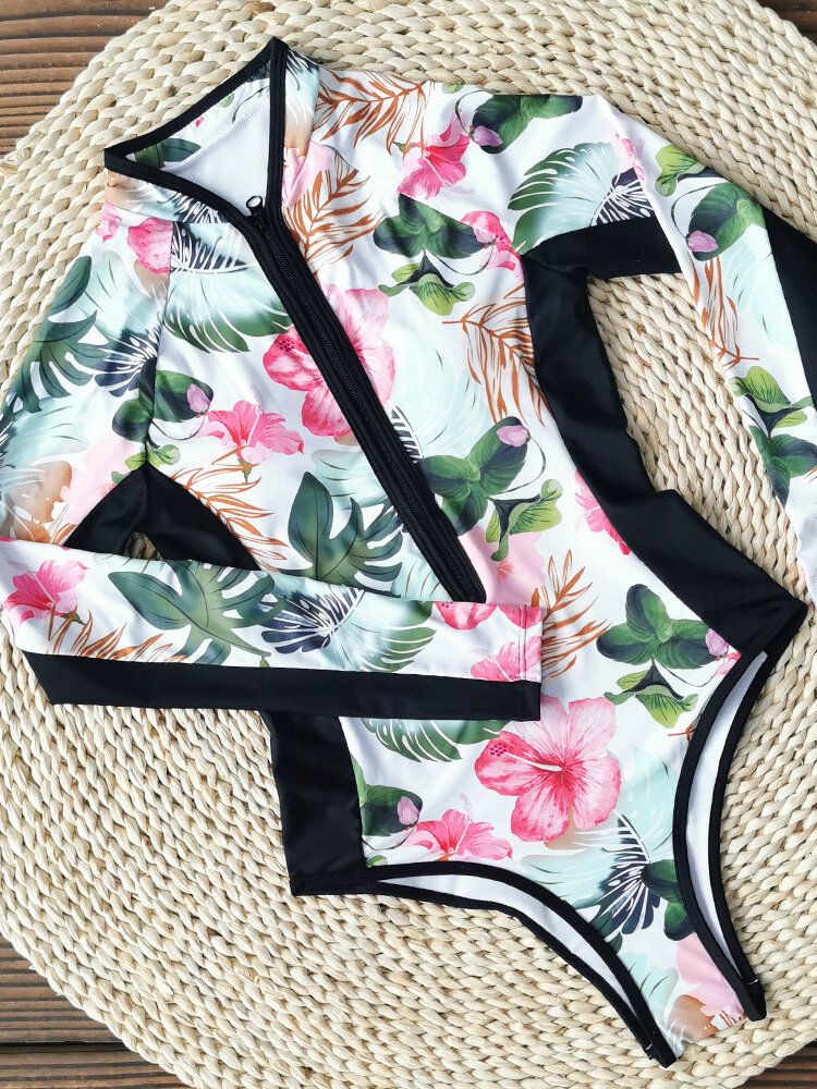 Femmes Patchwork Floral Print Zip Col Haut Manches Longues Minceur Surf One Piece Maillots De Bain