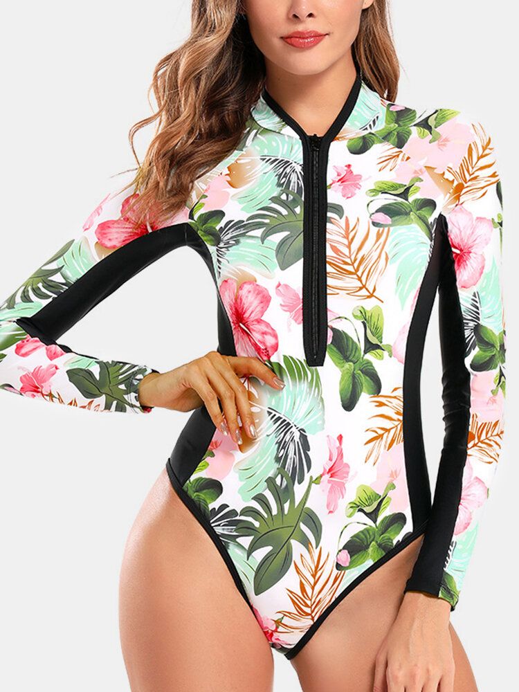 Femmes Patchwork Floral Print Zip Col Haut Manches Longues Minceur Surf One Piece Maillots De Bain