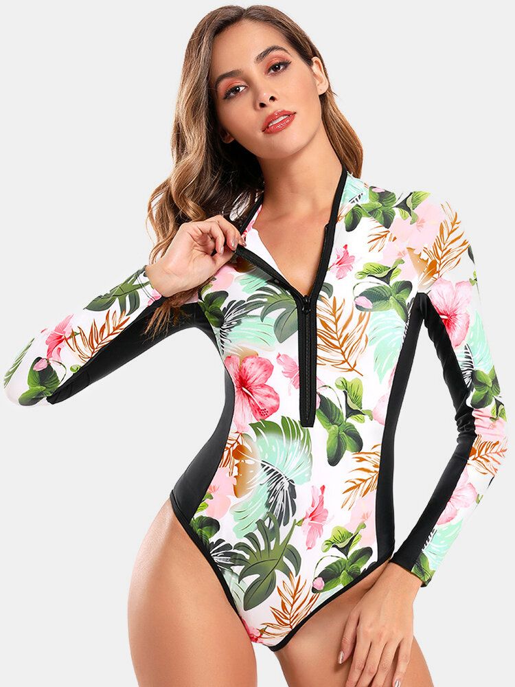 Femmes Patchwork Floral Print Zip Col Haut Manches Longues Minceur Surf One Piece Maillots De Bain