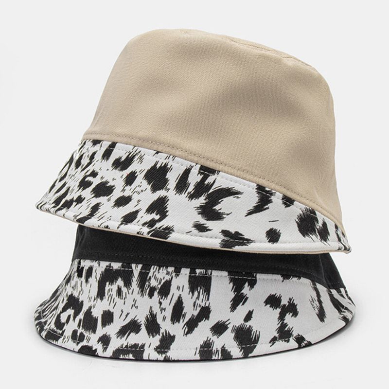 Femmes Patchwork Motif Léopard Imprimé Chapeau De Soleil Coton Mode Tout-match Crème Solaire Seau Chapeau