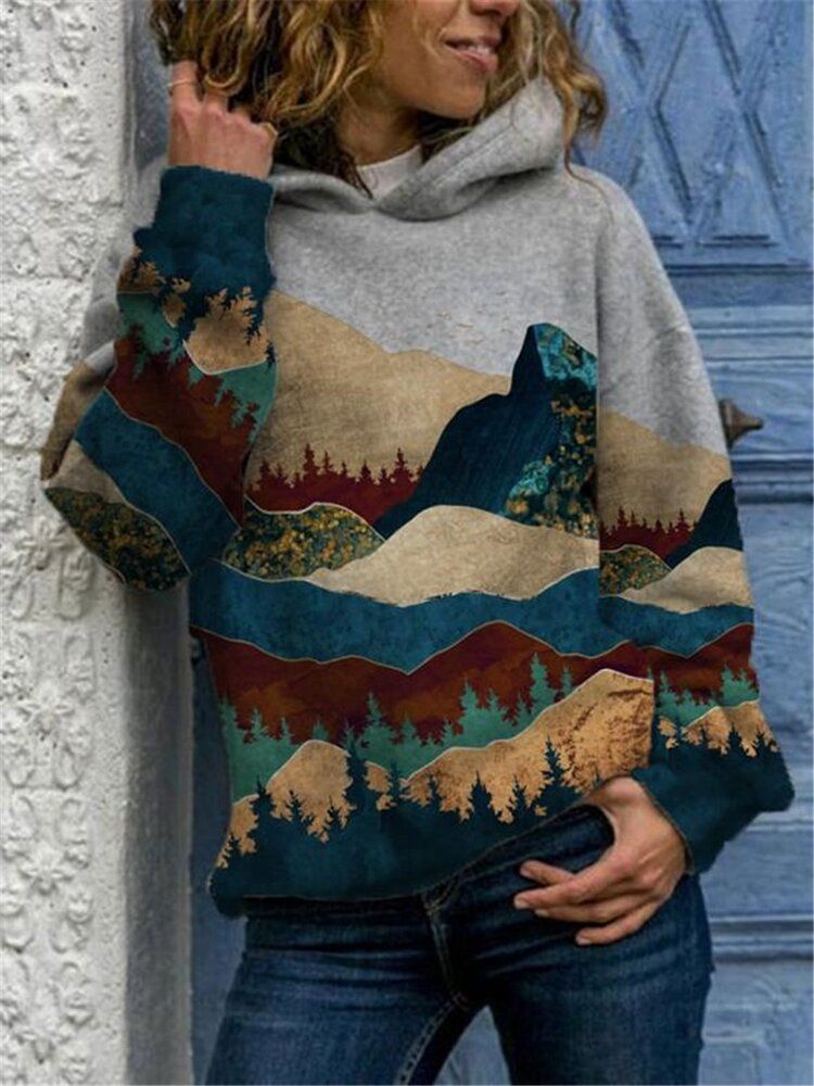 Femmes Paysage Imprimer Drop Shoulder Casual Pullover Hoodies