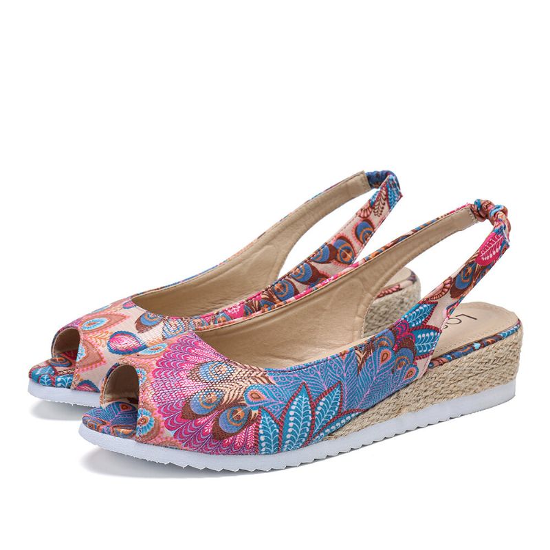 Femmes Peacock Pattern Espadrille Comfy Wedge Peep Toe Platforms