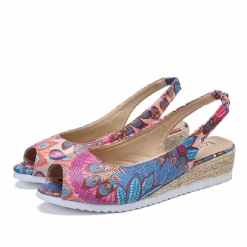 Femmes Peacock Pattern Espadrille Comfy Wedge Peep Toe Platforms