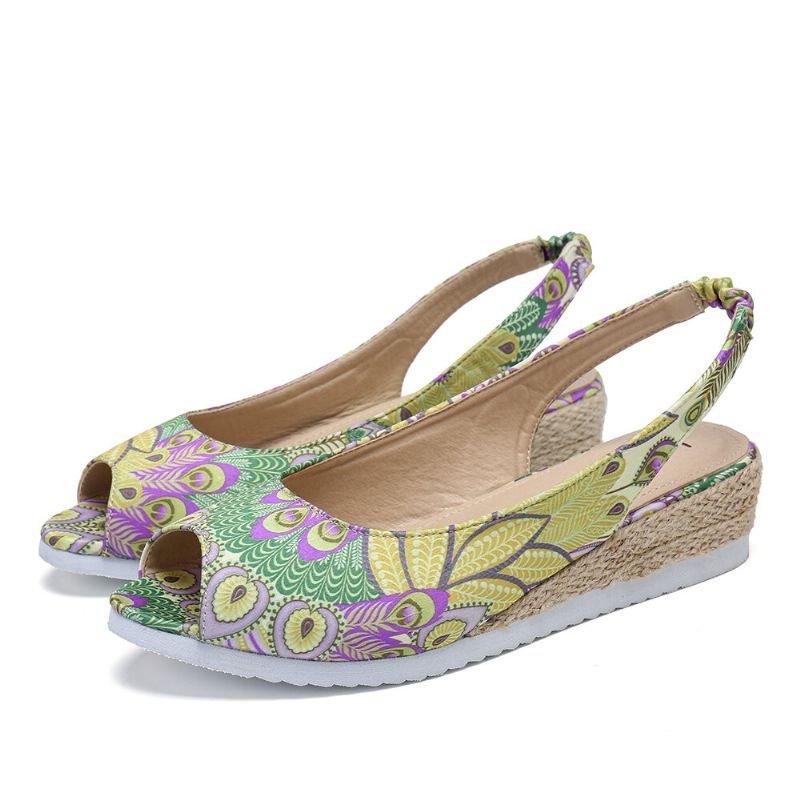 Femmes Peacock Pattern Espadrille Comfy Wedge Peep Toe Platforms