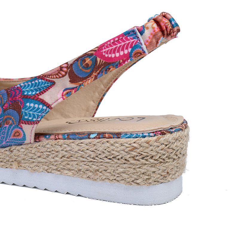 Femmes Peacock Pattern Espadrille Comfy Wedge Peep Toe Platforms