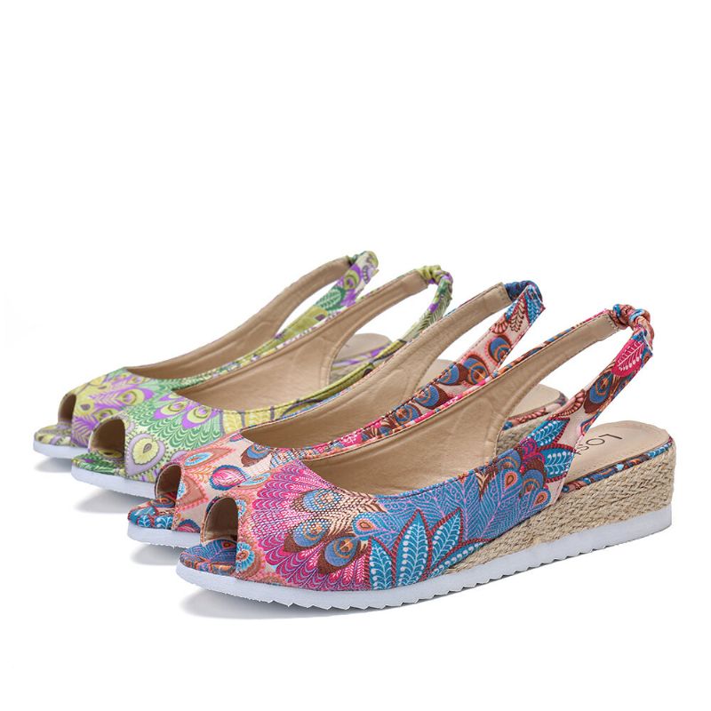 Femmes Peacock Pattern Espadrille Comfy Wedge Peep Toe Platforms