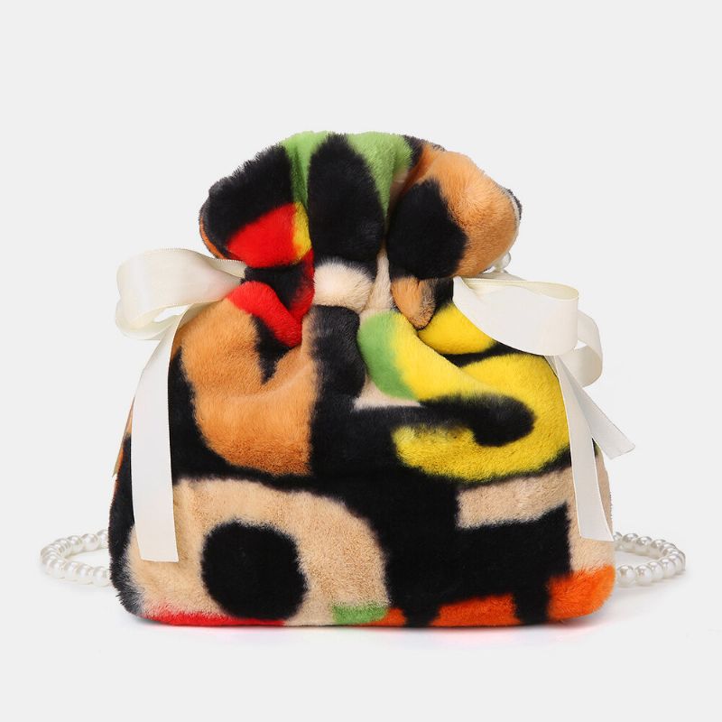 Femmes En Peluche Tie-dye Patchwork Perle Bowknot Chaîne Sac À Bandoulière Sac À Bandoulière