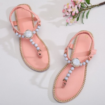 Femmes Perles Décor Élastique Plat Glisser Sur Plage Clip Toe Sandales