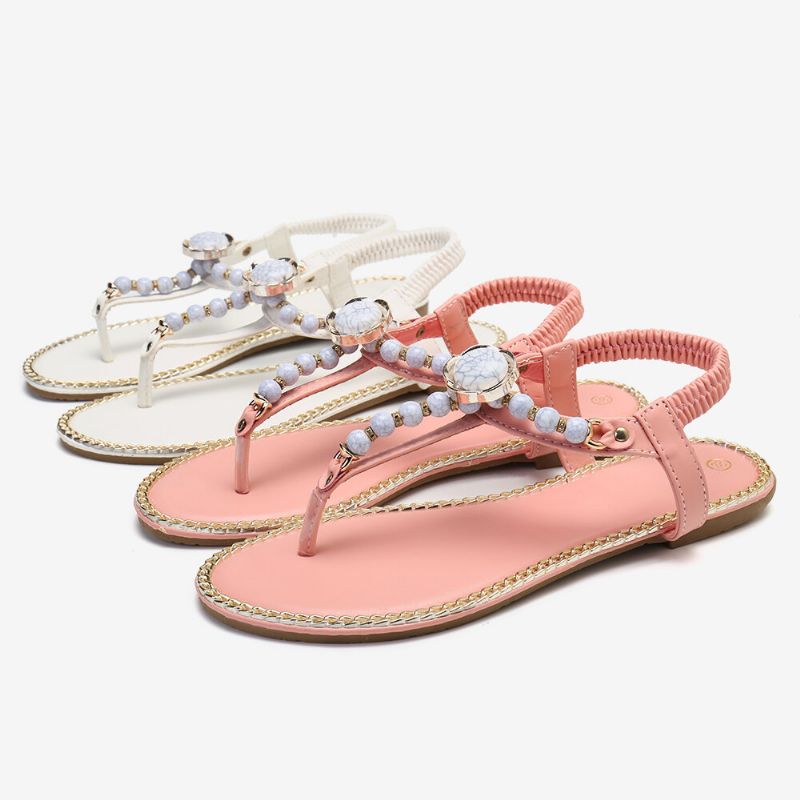 Femmes Perles Décor Élastique Plat Glisser Sur Plage Clip Toe Sandales