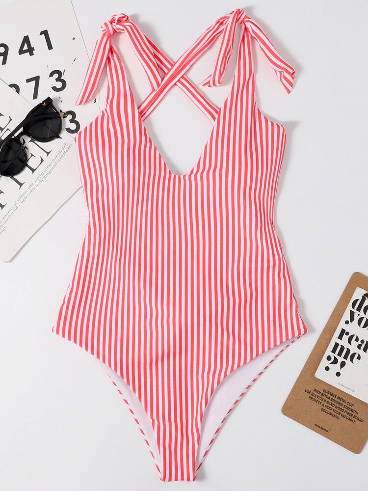 Femmes Pinstripe Criss Cross Back Cute Bow Shoulder One Piece Maillot De Bain Amincissant