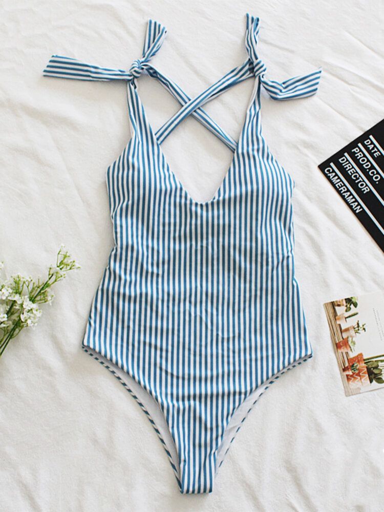 Femmes Pinstripe Criss Cross Back Cute Bow Shoulder One Piece Maillot De Bain Amincissant