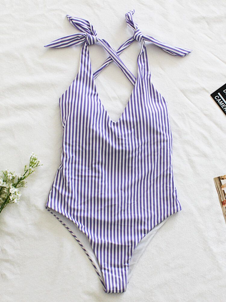 Femmes Pinstripe Criss Cross Back Cute Bow Shoulder One Piece Maillot De Bain Amincissant