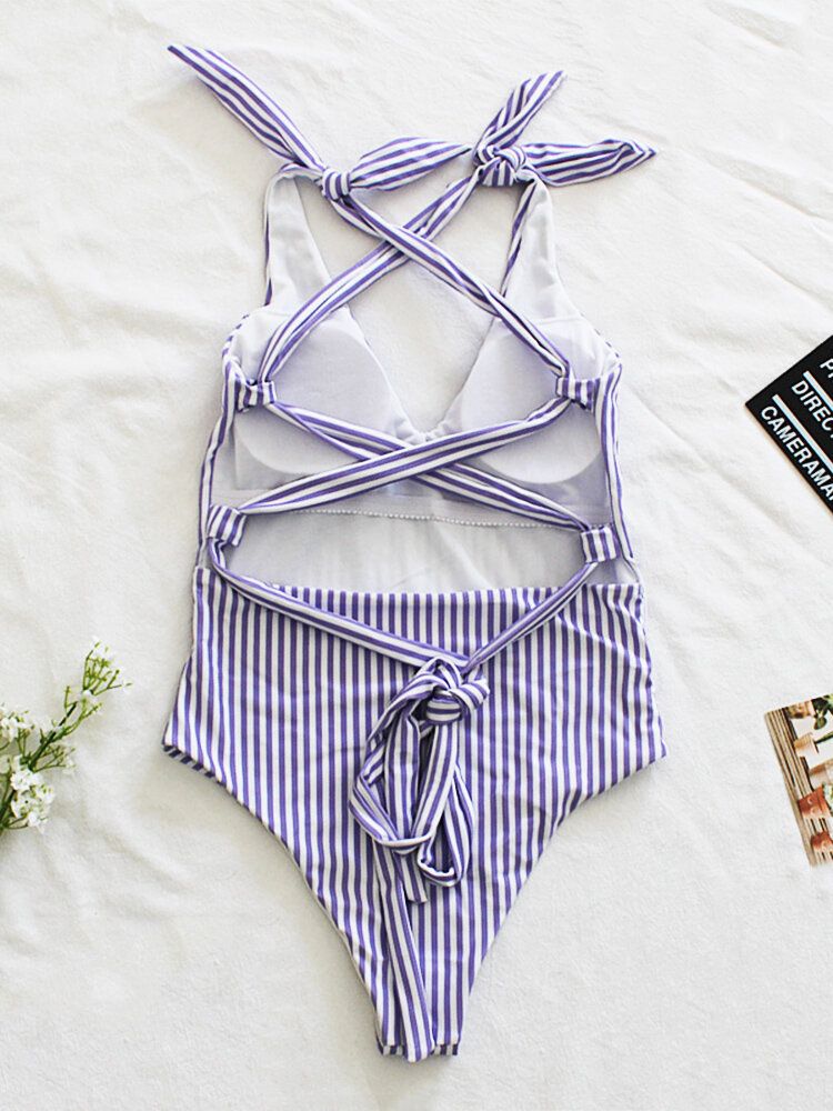 Femmes Pinstripe Criss Cross Back Cute Bow Shoulder One Piece Maillot De Bain Amincissant