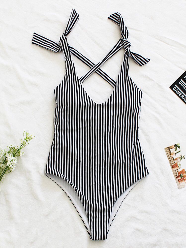 Femmes Pinstripe Criss Cross Back Cute Bow Shoulder One Piece Maillot De Bain Amincissant