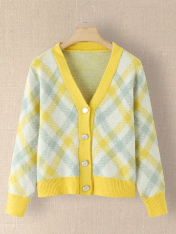 Femmes Plaid Col V Tricoté Poignet Élastique Color Block Cardigan