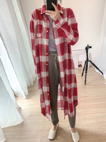 Femmes Plaid Commute Business Outer Wear Bottom Down Front Loose Shirt Dress Cardigans