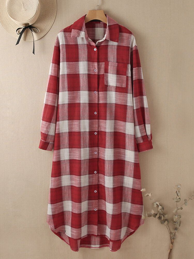 Femmes Plaid Commute Business Outer Wear Bottom Down Front Loose Shirt Dress Cardigans